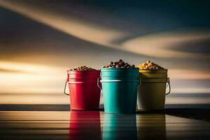 tre benne di Popcorn su un' tavolo con un' tramonto nel il sfondo. ai-generato foto