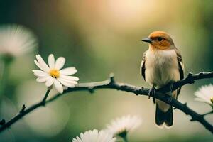 un' piccolo uccello si siede su un' ramo con bianca fiori. ai-generato foto