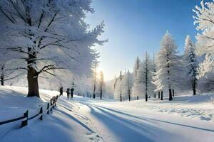 un' nevoso strada con alberi e sole splendente. ai-generato foto