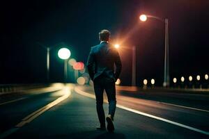 un' uomo nel un' completo da uomo passeggiate giù il strada a notte. ai-generato foto