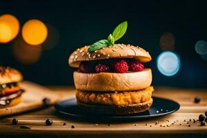 un' hamburger con frutti di bosco e un' fetta di formaggio. ai-generato foto