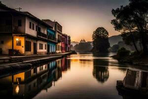 un' fiume a tramonto con case lungo il acqua. ai-generato foto