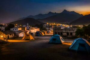 tende nel il montagne a notte. ai-generato foto