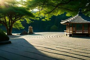 un' giapponese giardino con un' pagoda e alberi. ai-generato foto