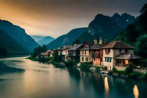 un' fiume corre attraverso un' cittadina a tramonto. ai-generato foto