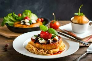 un' piatto di spaghetti con pomodoro salsa e formaggio. ai-generato foto