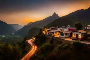 un' villaggio nel il montagne a tramonto. ai-generato foto