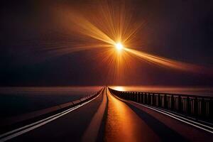 il sole brilla al di sopra di un' lungo ponte a notte. ai-generato foto