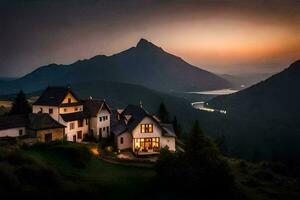 un' Casa nel il montagne a tramonto. ai-generato foto