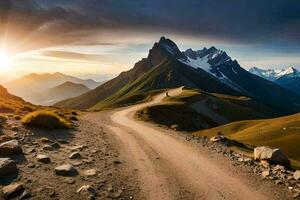 un' sporco strada nel il montagne con il sole ambientazione. ai-generato foto