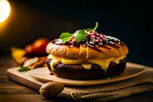un' Hamburger con formaggio e frutta su un' di legno tavolo. ai-generato foto