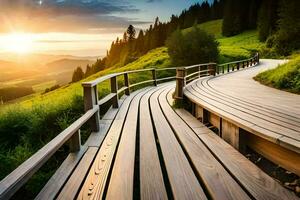 di legno passerella nel il montagne a tramonto. ai-generato foto