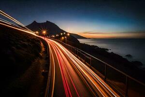 un' lungo esposizione fotografia di un' strada con macchine guida su esso. ai-generato foto