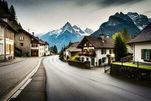 un' strada nel il Alpi con montagne nel il sfondo. ai-generato foto