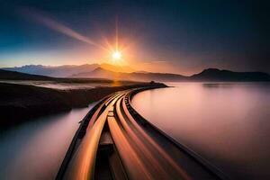 un' treno traccia andando attraverso il acqua a tramonto. ai-generato foto