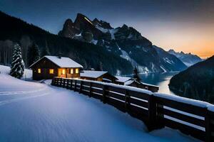 un' cabina nel il montagne con un' lago e montagne nel il sfondo. ai-generato foto