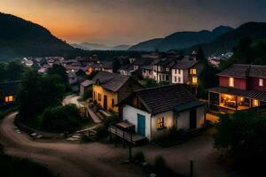 foto sfondo il cielo, montagne, villaggio, tramonto, il villaggio, il villaggio, il villaggio. ai-generato