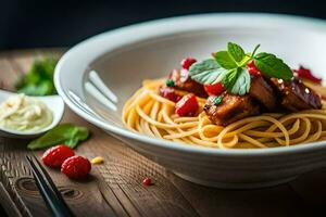 spaghetti con carne e verdure nel un' ciotola. ai-generato foto