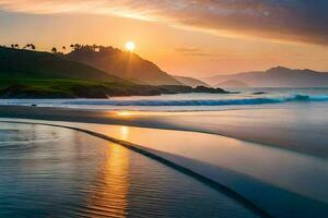 tramonto su il spiaggia, onde, acqua, spiaggia, HD sfondo. ai-generato foto