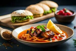 un' ciotola di pasta con carne e verdure. ai-generato foto