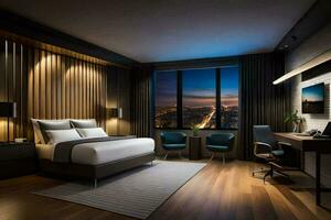 un' moderno Hotel camera con un' Visualizza di il città. ai-generato foto