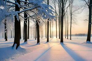un' nevoso foresta con alberi e sole splendente. ai-generato foto
