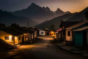 un' villaggio a notte con montagne nel il sfondo. ai-generato foto