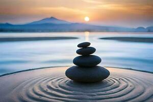 un' pila di rocce seduta su il sabbia a tramonto. ai-generato foto