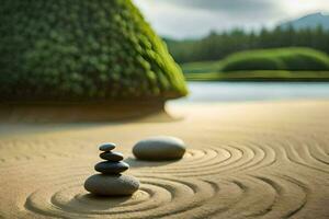 un' zen giardino con pietre e un' albero. ai-generato foto