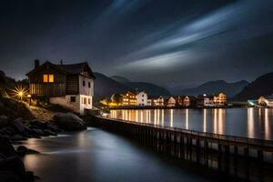 un' notte tiro di un' villaggio su il riva di un' lago. ai-generato foto