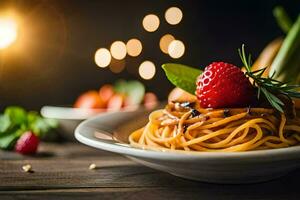 spaghetti con fragole e basilico su un' piatto. ai-generato foto