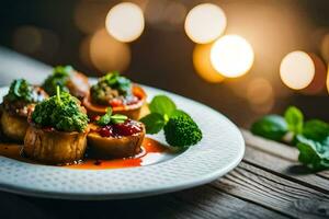 un' piatto di cibo con broccoli e salsa. ai-generato foto