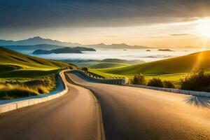 un' strada nel il montagne con il sole ambientazione. ai-generato foto