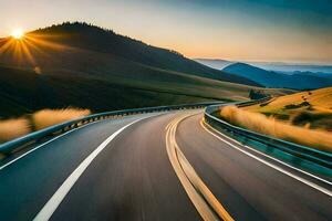 un' autostrada con il sole ambientazione dietro a esso. ai-generato foto