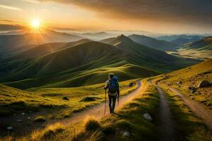 un' uomo passeggiate su un' sentiero nel il montagne. ai-generato foto