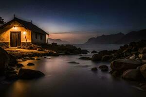 un' piccolo Casa su il riva di un' lago a notte. ai-generato foto