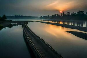 un' lungo ponte al di sopra di un' fiume a tramonto. ai-generato foto