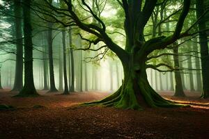 foto sfondo foresta, il albero, sole, nebbia, luce, verde, albero, foresta,. ai-generato