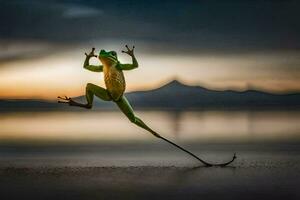 un' rana salto su il spiaggia a tramonto. ai-generato foto