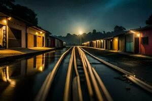 un' lungo treno traccia nel il mezzo di un' cittadina a notte. ai-generato foto