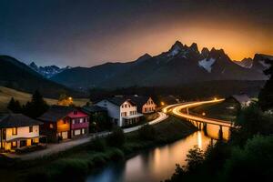 un' fiume corre attraverso un' villaggio a tramonto. ai-generato foto