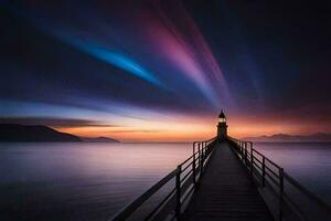 un' faro sta su un' molo a tramonto. ai-generato foto