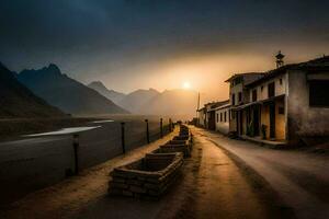 un' strada nel il montagne con un' tramonto. ai-generato foto