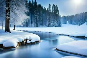 un' fiume nel il neve. ai-generato foto