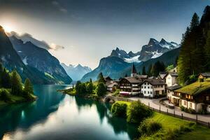 un' bellissimo montagna villaggio con un' lago e montagne. ai-generato foto