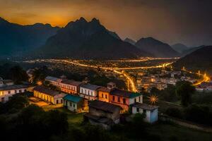 un' cittadina nel il montagne a notte. ai-generato foto