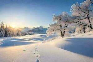 un' nevoso paesaggio con alberi e impronte. ai-generato foto