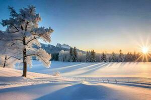 un' nevoso paesaggio con alberi e il sole. ai-generato foto