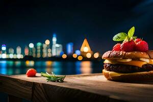 un' Hamburger con frutti di bosco e formaggio su un' di legno tavolo. ai-generato foto