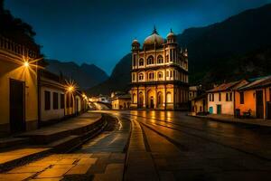 un' Chiesa nel il montagne a notte. ai-generato foto